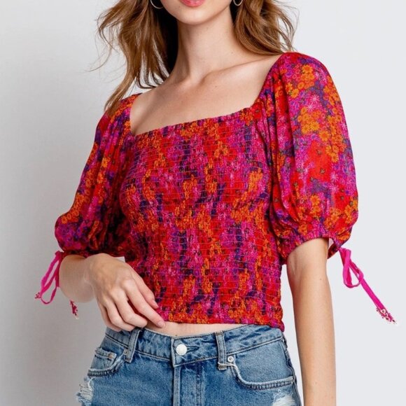 Free People Back On Top Crop Top Multi Floral Smocked Puff Sleeve NWT XS $98 - Picture 7 of 8